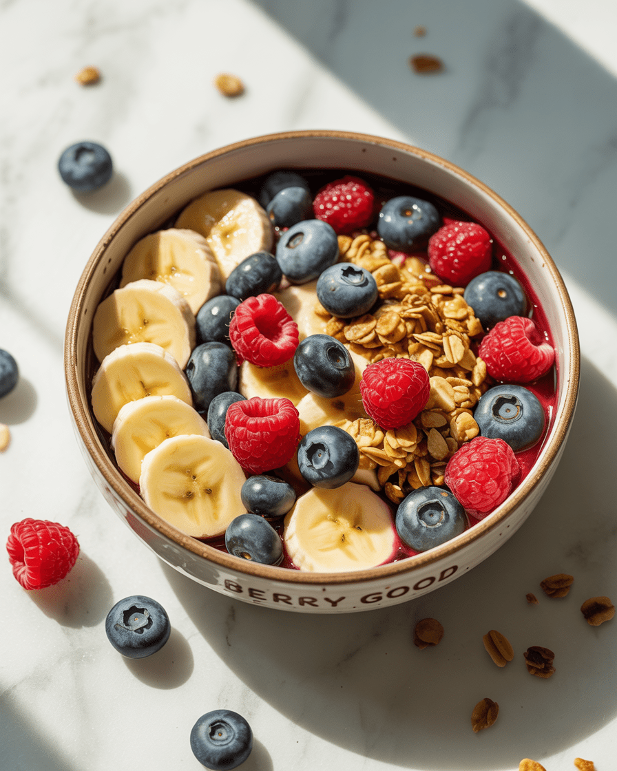 a bowl of Berry banana granola breakfast
