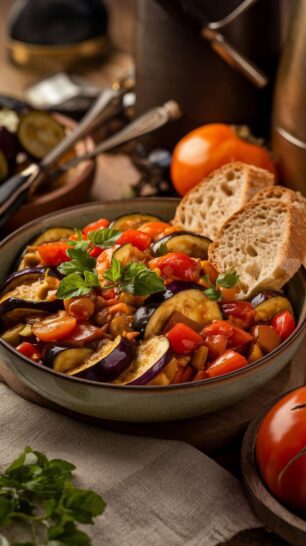 a bowl of food with bread and Ratatouille