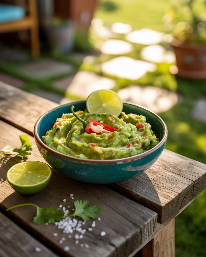 A bowl of guacamole with half a lime and Cerano pepper
