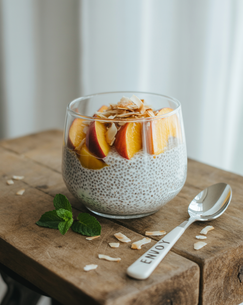 Chia seed pudding with almond milk, topped with sliced peaches and coconut flakes