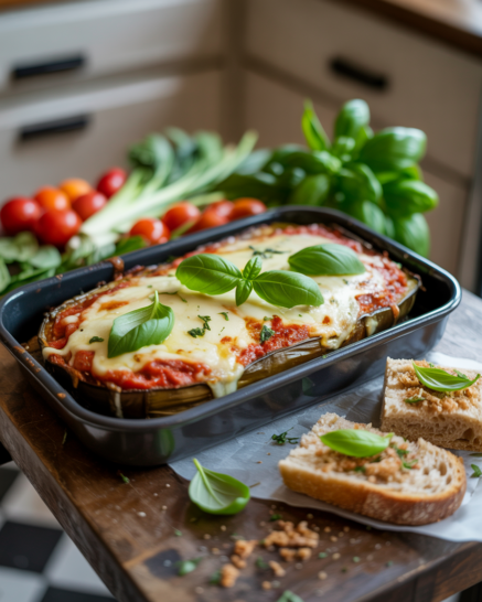 A baked eggplant parmesan dish in the kitchen