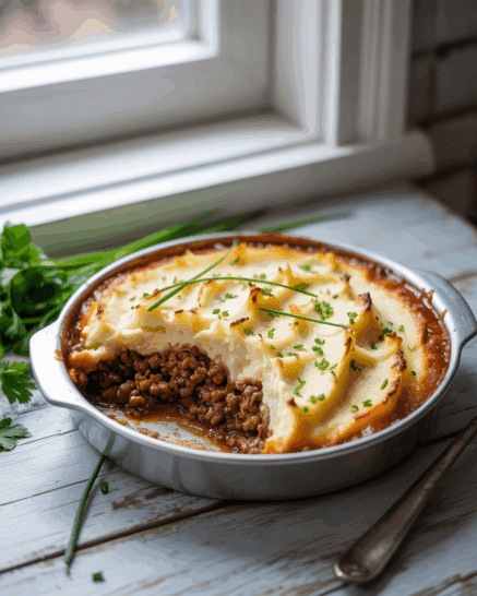 a plate of Shepperd's pie on a kitchen table