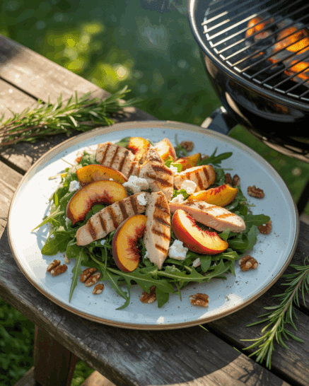Grilled peach and chicken salad