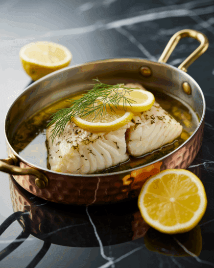 Baked Halibut with Lemon-Dill Green Beans in a copper dish