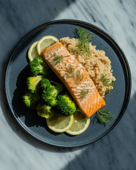 Baked salmon with broccoli and quinoa on a round plate