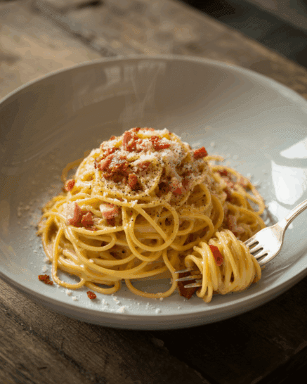 Classic Spaghetti Carbonara in a big white bowl