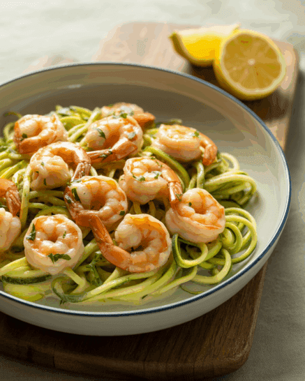 Zucchini shrimp pasta in a round white bowl