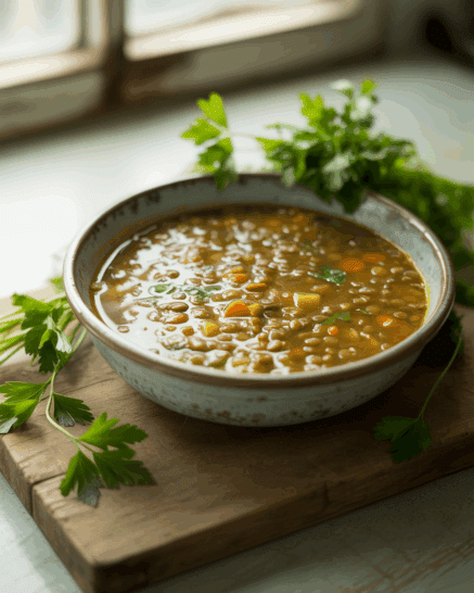 A bowl of lentil and vegetable soup