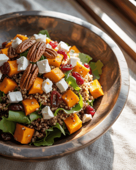 Automn Pumpkin salad in a wooden bowl