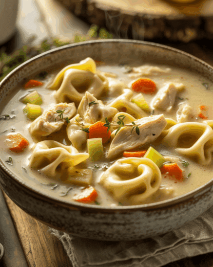 Creamy chicken soup in a white bowl
