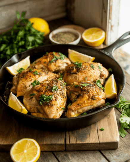 Lemon Za'atar Chicken in a cast iron skillett
