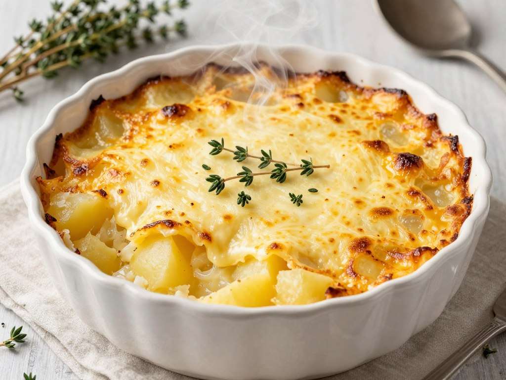 Gratin Dauphinois with golden bubbling cheese crust and creamy potato layers