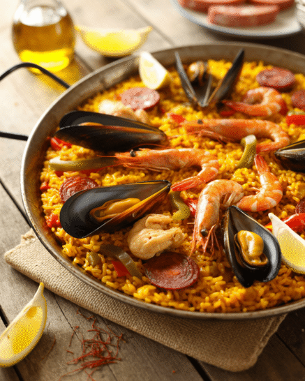 A big pan full of mixed Paella