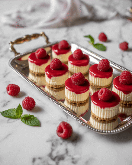 Raspberry Cheesecake Bites On a silver serving plate