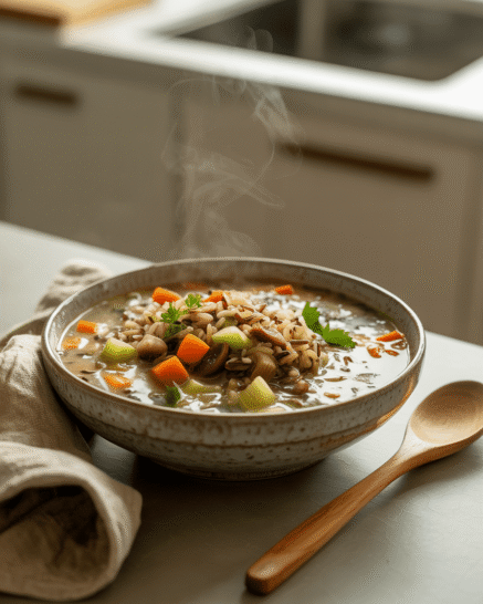 Wild Rice soup in a bowl on the kitchen counter