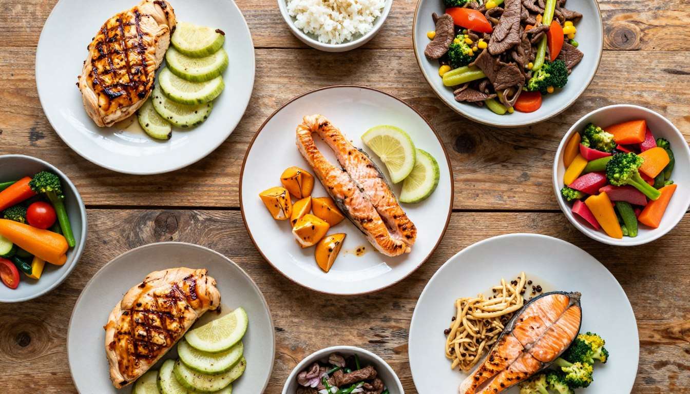 High Protein Fast & Easy Weeknight Dinners spread on a wooden table featuring colorful dishes