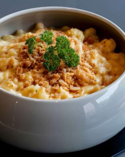 Mac and Cheese in a white bowl