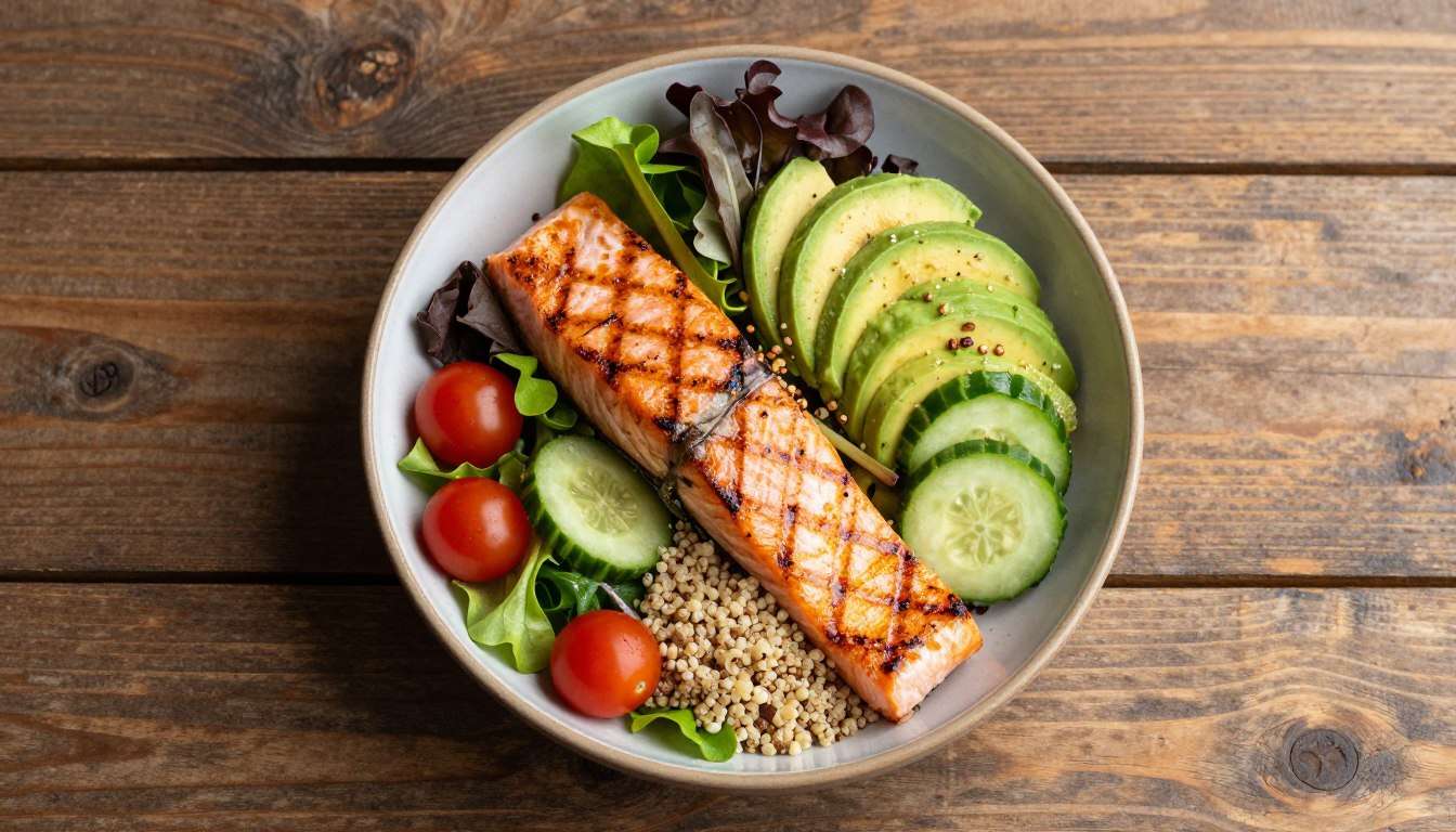 Colorful anti-inflammatory bowl with salmon, avocado, greens, and vegetables on wooden table