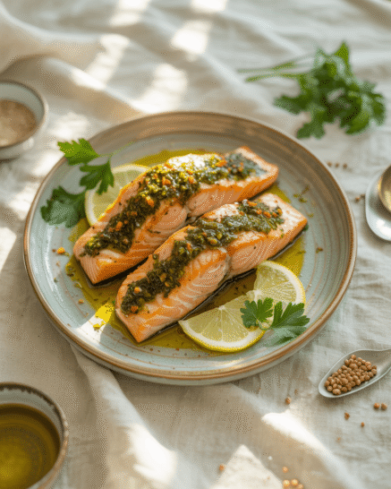 A piece of salmon with Moroccan sauce
