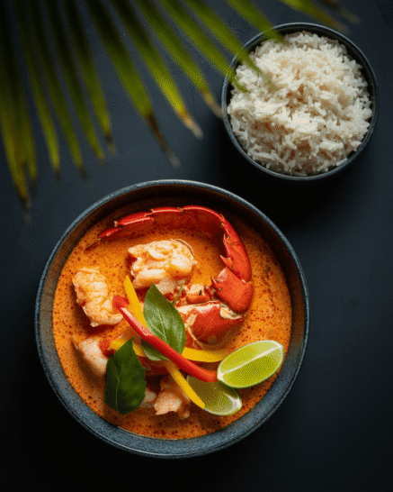 Red Curry lobster in a bowl with a bowl of rice