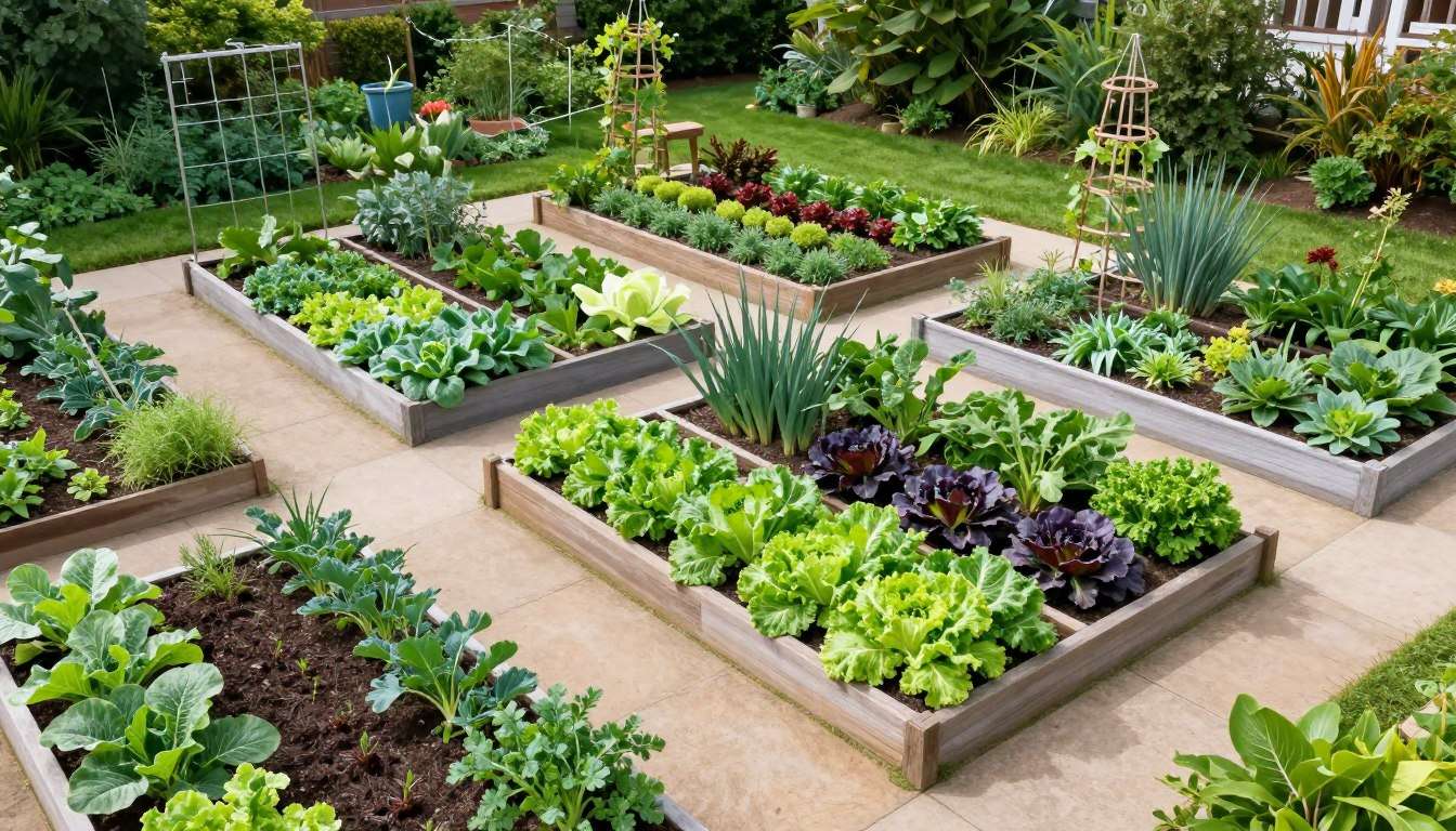 beautiful vegetable garden design with raised beds and vertical gardening structures in full sun