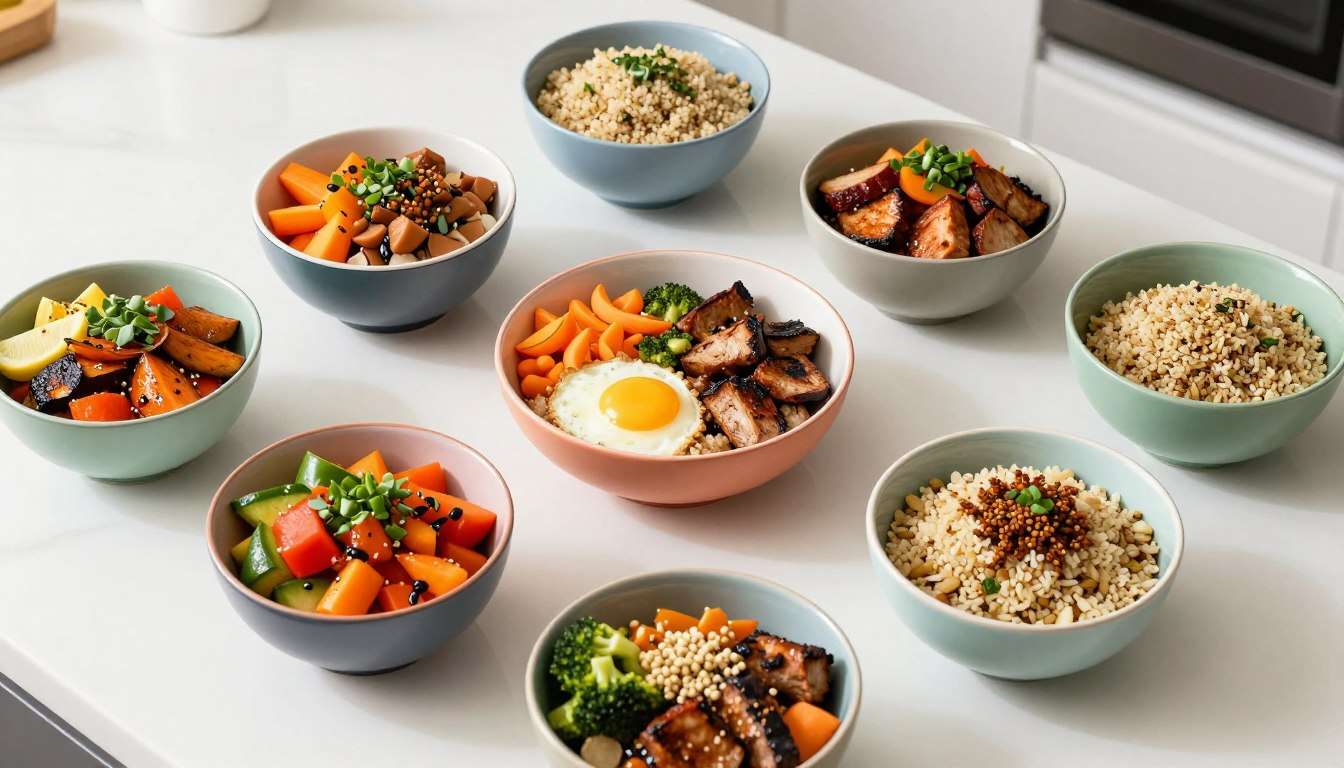 colorful balanced bowls with fresh vegetables and grains arranged on kitchen counter