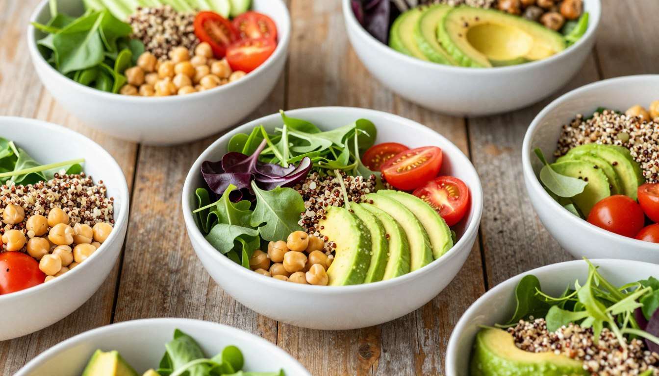 colorful vegan salads arranged on rustic wooden table with fresh vegetables