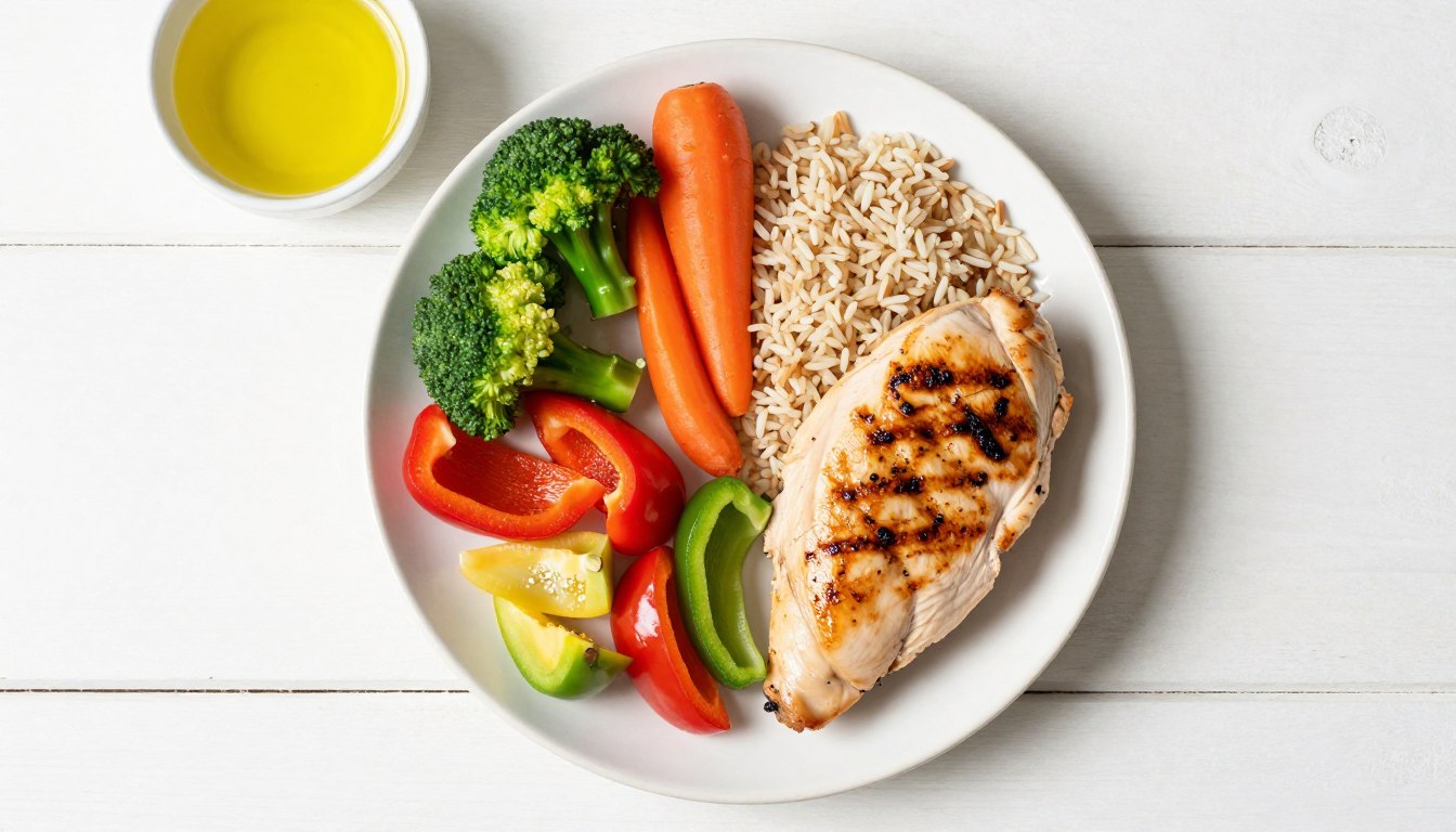 colorful balanced plate filled with vegetables, whole grains, lean protein, and healthy fats arranged in perfect portions