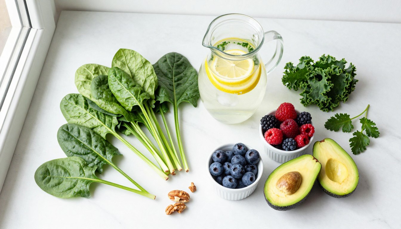 healthy detox foods including green vegetables, lemon water, and fresh fruits arranged on a clean white surface